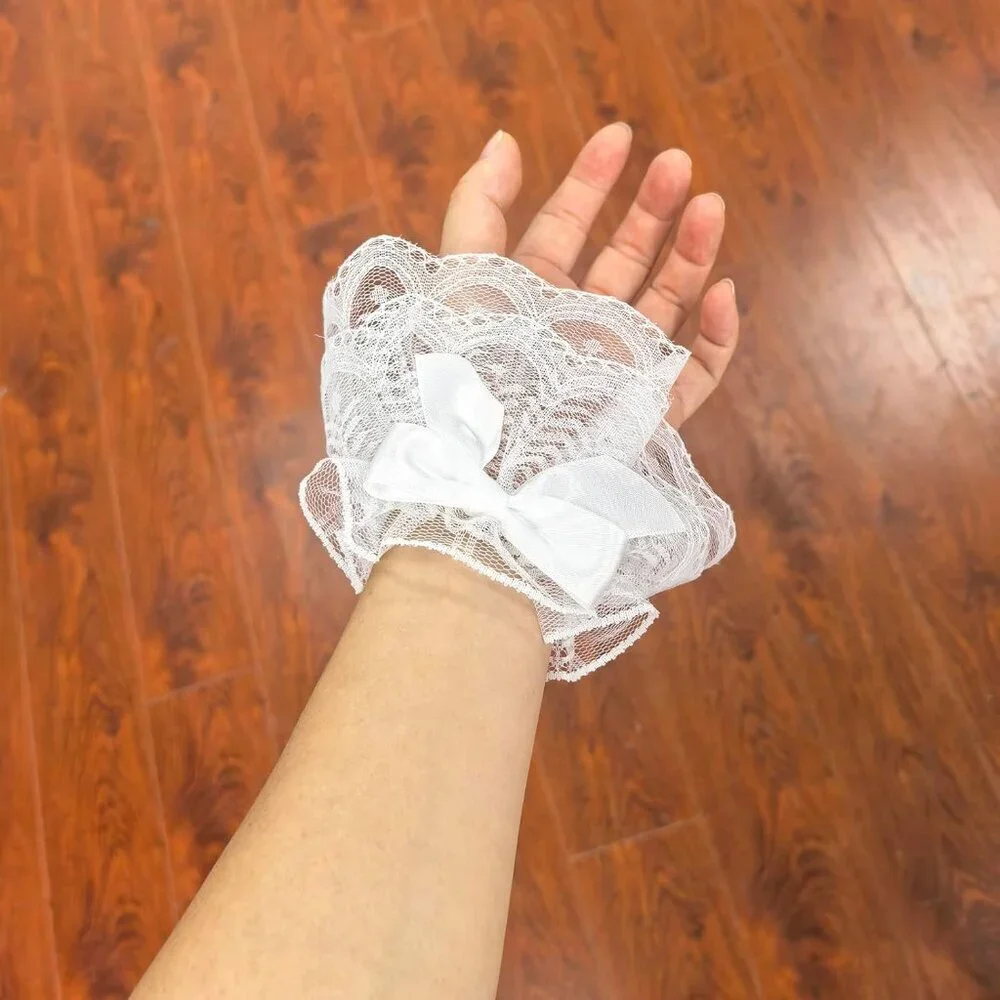 Women's Short Lace Cuffs White Bow Hand Sleeves Gloves Halloween Accessories